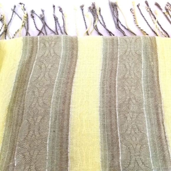 Chemistry chartreuse espresso brown striped scarf silver metallic thread fringe - Picture 2 of 6
